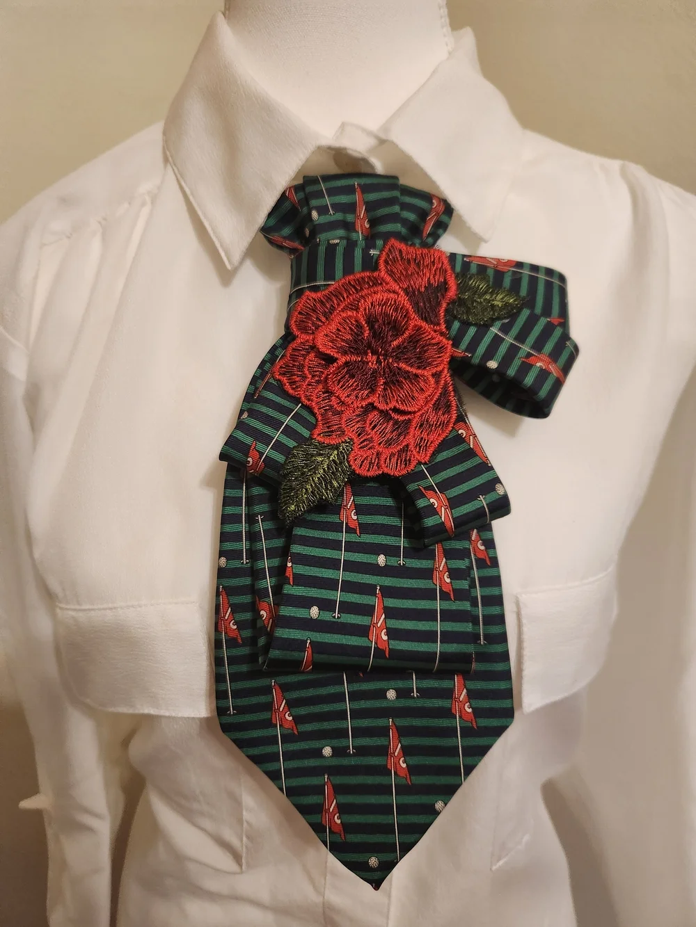 Striped Green Statement Tie Necklace with Red Floral Applique